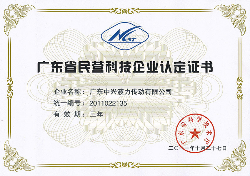 2011年广东省民营科技企业认定证书